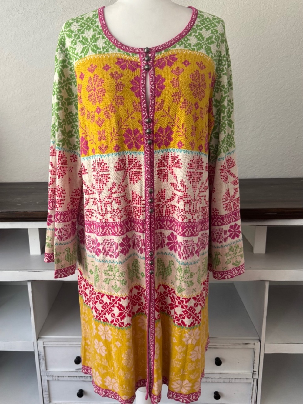 Gudrun Sjoden Colorful Nordic Pattern Button Front Cardigan Duster Boho XL